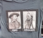 Gray T-shirt with GMO vs. Organic print.