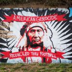 Graffiti depicting American genocide and football.